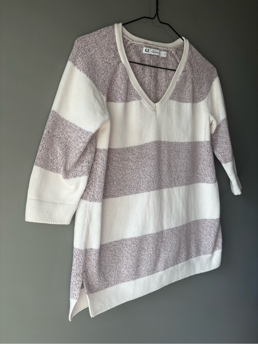 Reitmans Striped Cotton Knit Sweater Mauve Cream V-Neck 3/4 Sleeve Size Small - Picture 3 of 6